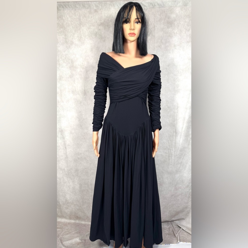 KHAITE Black Ruched Off-Shoulder Maxi Dress